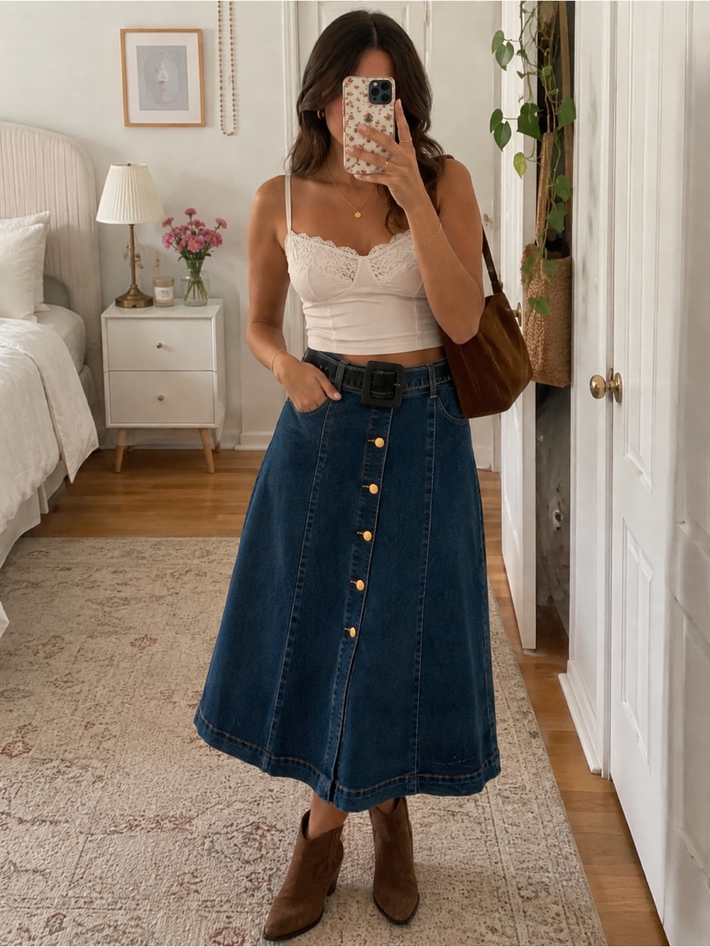 Classic Dark Blue Denim Button-Front Belted A-Line Skirt